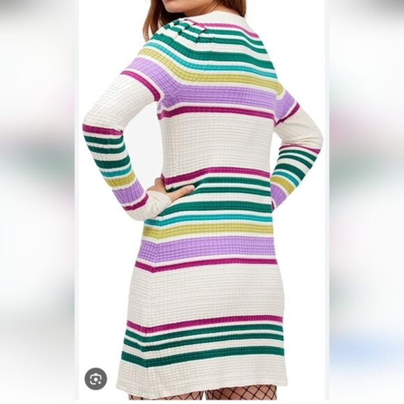 FREE PEOPLE Striped Ivory V Neck Gidget Sweater Dress Green Purple Size Small - Picture 3 of 13